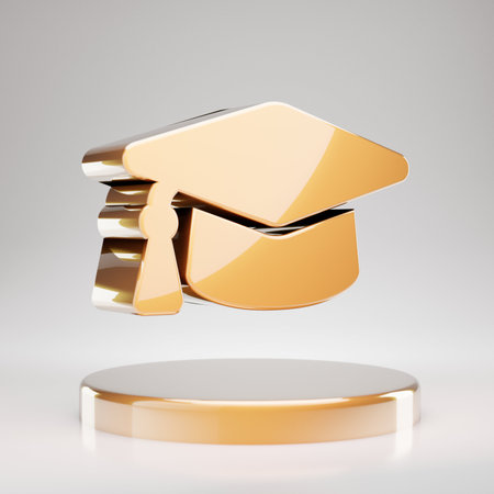 Graduation Cap icon. Yellow Gold Graduation Cap symbol on golden podium. 3D rendered Social Media Icon.の写真素材