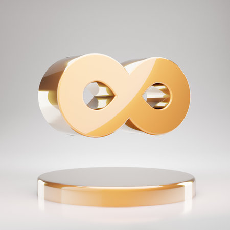 Infinity icon. Yellow Gold Infinity symbol on golden podium. 3D rendered Social Media Icon.の写真素材