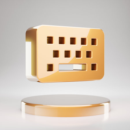 Keyboard icon. Yellow Gold Keyboard symbol on golden podium. 3D rendered Social Media Icon.の写真素材