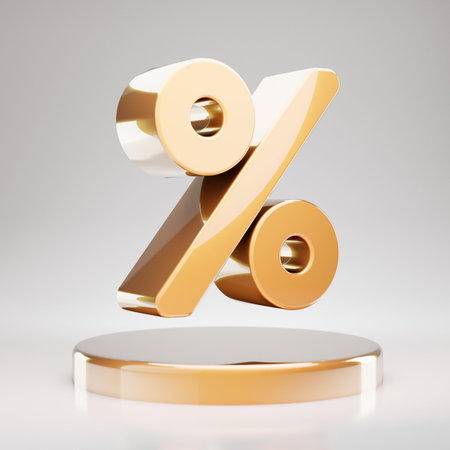 Percent icon. Yellow Gold Percent symbol on golden podium. 3D rendered Social Media Icon.の写真素材
