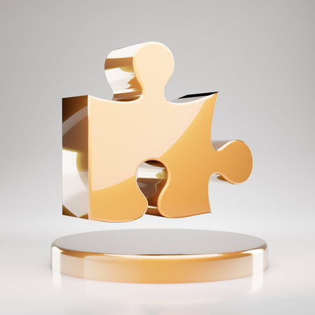 Puzzle icon. Yellow Gold Puzzle symbol on golden podium. 3D rendered Social Media Icon.の写真素材