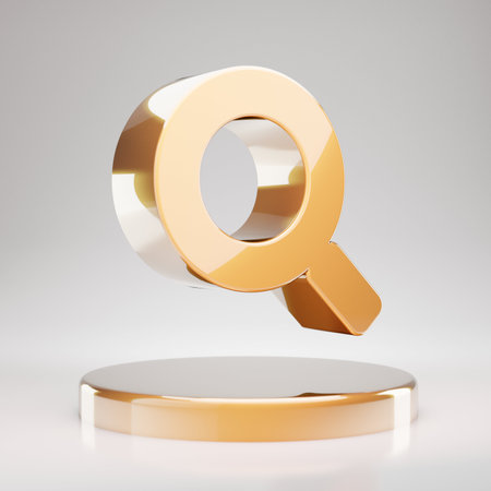 Search icon. Yellow Gold Search symbol on golden podium. 3D rendered Social Media Icon.の写真素材