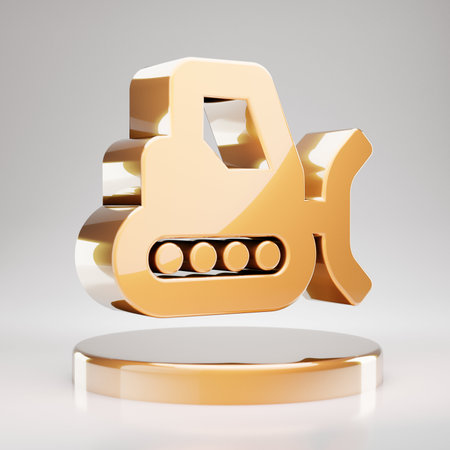 Snowplow icon. Yellow Gold Snowplow symbol on golden podium. 3D rendered Social Media Icon.の写真素材