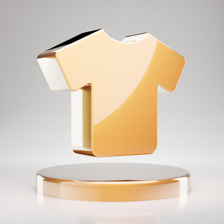 T-shirt icon. Yellow Gold T-shirt symbol on golden podium. 3D rendered Social Media Icon.の写真素材