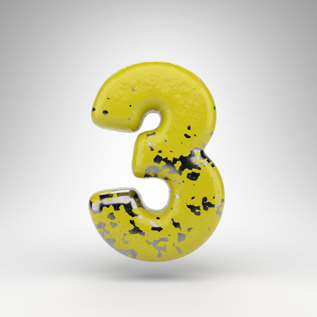 Number 3 on white background. 3D rendered number with old yellow paint on gloss metal texture.の写真素材