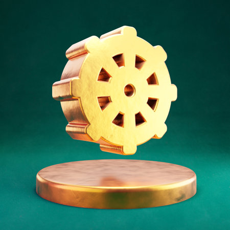Dharmachakra icon. Fortuna Gold Dharmachakra symbol with Tidewater Green background. Social Media Icon.の写真素材