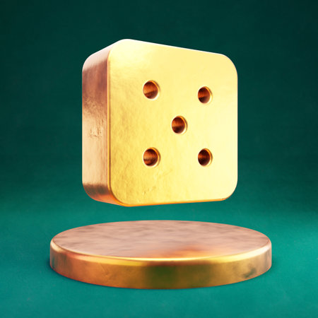 Dice Five icon. Fortuna Gold Dice Five symbol with Tidewater Green background. Social Media Icon.の写真素材