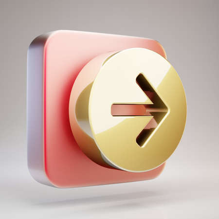 Arrow Circle Right icon. Golden Arrow Circle Right symbol on red matte gold plate. 3D rendered...