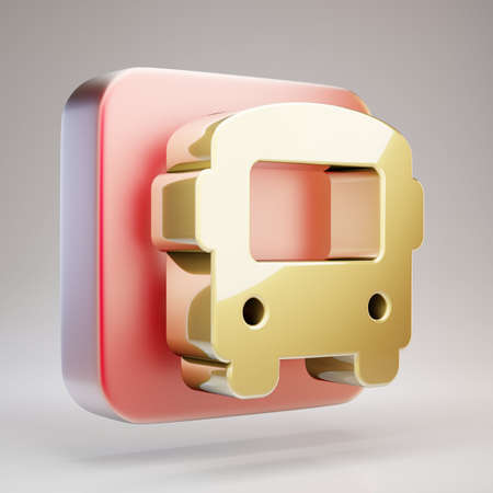 Bus icon. Golden Bus symbol on red matte gold plate. 3D rendered Social Media Icon.の写真素材