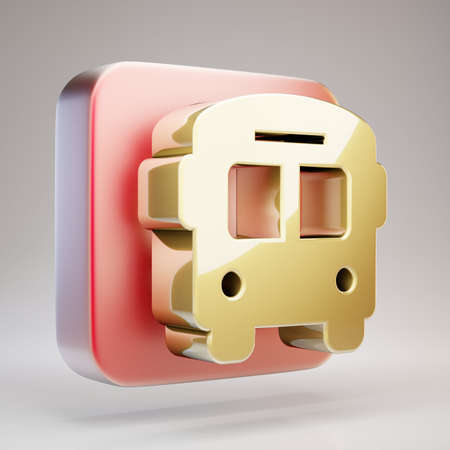 School Bus icon. Golden School Bus symbol on red matte gold plate. 3D rendered Social Media Icon.の写真素材