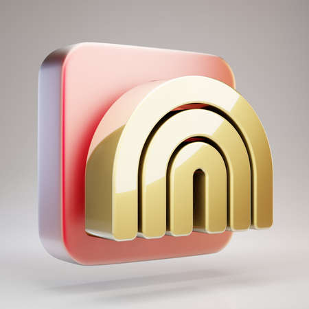 Rainbow icon. Golden Rainbow symbol on red matte gold plate. 3D rendered Social Media Icon.