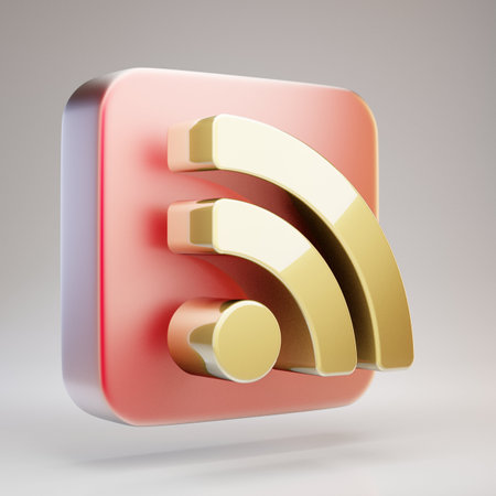 RSS icon. Golden RSS symbol on red matte gold plate. 3D rendered Social Media Icon.の写真素材