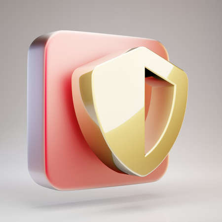Shield icon. Golden Shield symbol on red matte gold plate. 3D rendered Social Media Icon.の写真素材