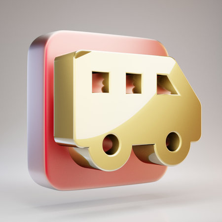 Shuttle Van icon. Golden Shuttle Van symbol on red matte gold plate. 3D rendered Social Media Icon.の写真素材