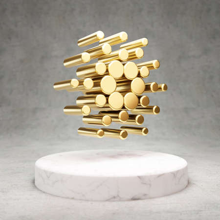 Cardano cryptocurrency icon. Gold 3d rendered Cardano symbol on white marble podium.