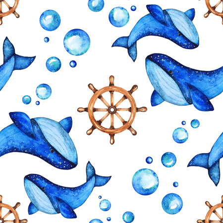 Watercolor Bright Paterrn with Big Blue Whales and Wheels and Bubblesの写真素材