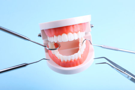 model teeth and dental instruments levitate in the air on a blue background