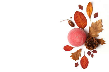 autumn composition of leaves on a white background top view.