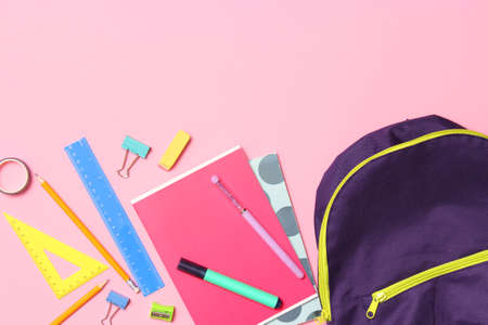 school backpack and school stationery. Concept back to school.