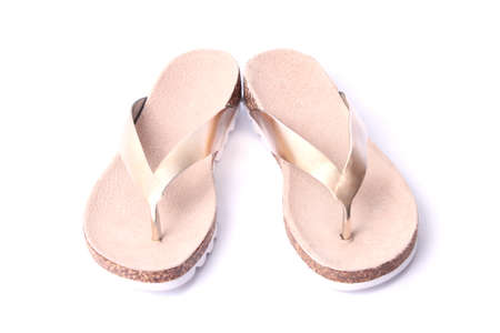 female slippers on a colored background top view. minimalism, womens shoes.の写真素材