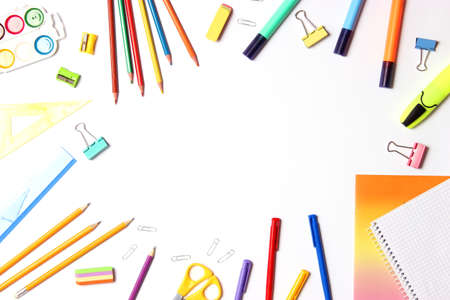 School office on a colored background top view. Office office, student office.の写真素材
