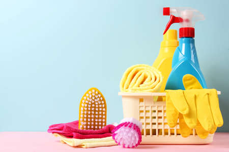 Means for cleaning and disinfection close-up on a colored background.の写真素材