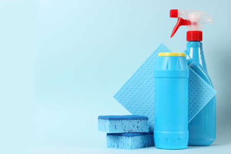 Means for cleaning and disinfection close-up on a colored background.の写真素材