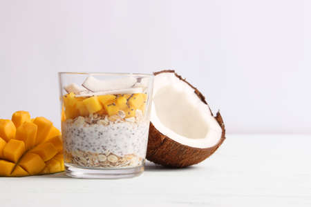 chia pudding with mango, granola and honey. Healthy dessert, proper nutritionの写真素材