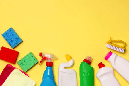 Means for cleaning and disinfection close-up on a colored background.