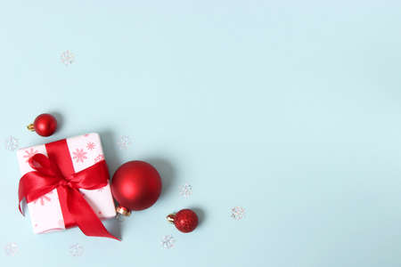 Christmas or New Year accessories on top view. Holidays, gifts