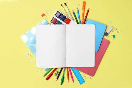 Office supplies on a colored background close-up. Back to school conceptの写真素材