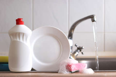 dishwashing detergent close-up in the interior of the kitchenの写真素材