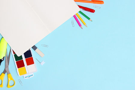 Office supplies on a colored background close-up. Back to school conceptの写真素材