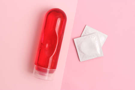 An intimate lubricant for comfortable sex close-up on a colored background.の写真素材