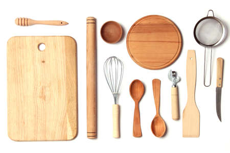 different kitchenware on a light background top view. Cooking appliances.の写真素材