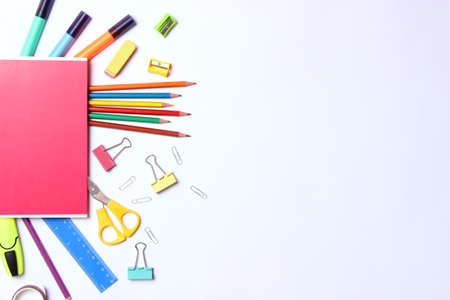 School office on a colored background top view. Office office, student office.の写真素材