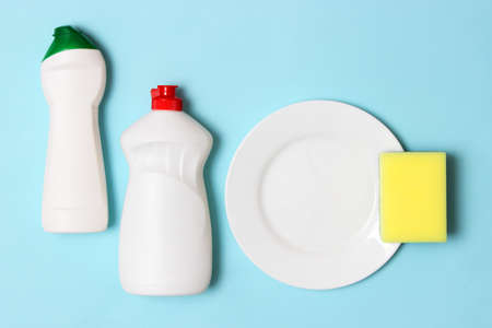 dishwashing liquid close-up on a colored backgroundの写真素材