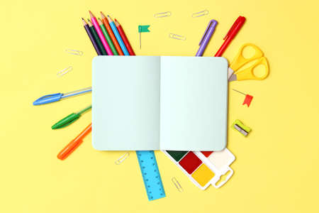 Office supplies on a colored background close-up. Back to school conceptの写真素材
