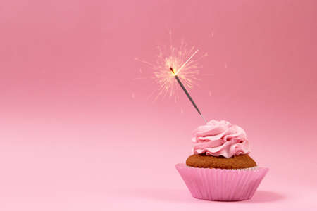 Delicious cupcake with a candle on a colored background with space for text.の写真素材