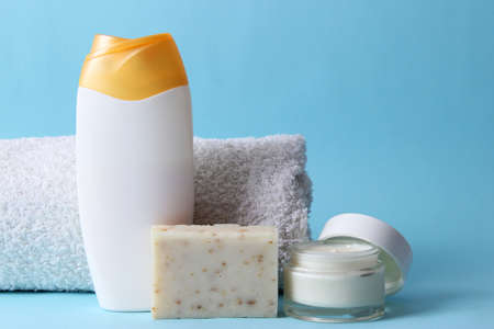 Set of care cosmetics on a colored backgroundの写真素材