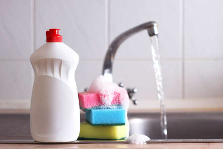 dishwashing detergent close-up in the interior of the kitchenの写真素材