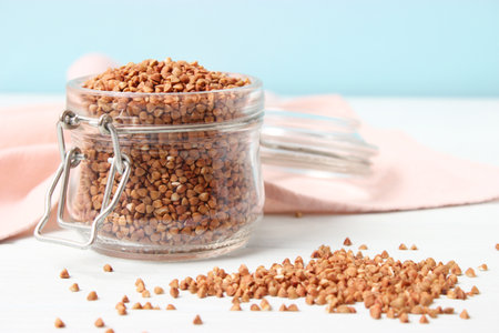 raw buckwheat on a colored background.の写真素材