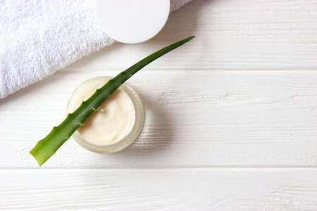 cream with aloe vera on a light background. Aloe vera skin care.の写真素材