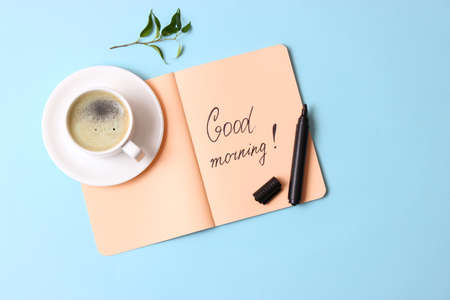 cup of coffee on wooden background top view. Good morning. Have a nice dayの写真素材