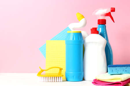 Means for cleaning and disinfection close-up on a colored background.の写真素材