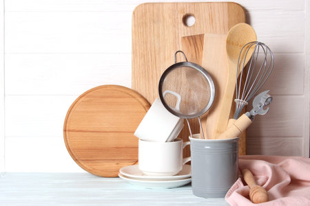 set of dishes close-up on a colored background. Kitchen appliancesの写真素材