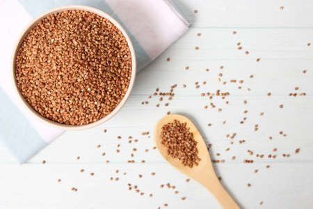 raw buckwheat on a colored background.の写真素材