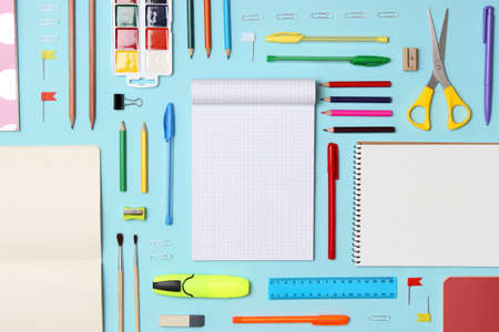 Office supplies on a colored background close-up. Back to school conceptの写真素材