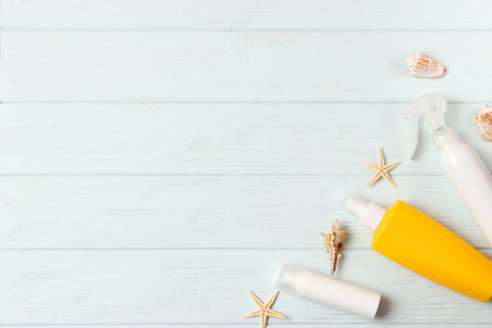 sunscreens on a colored background. Protection of the skin