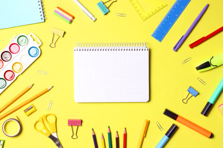 School office on a colored background top view. Office office, student office.